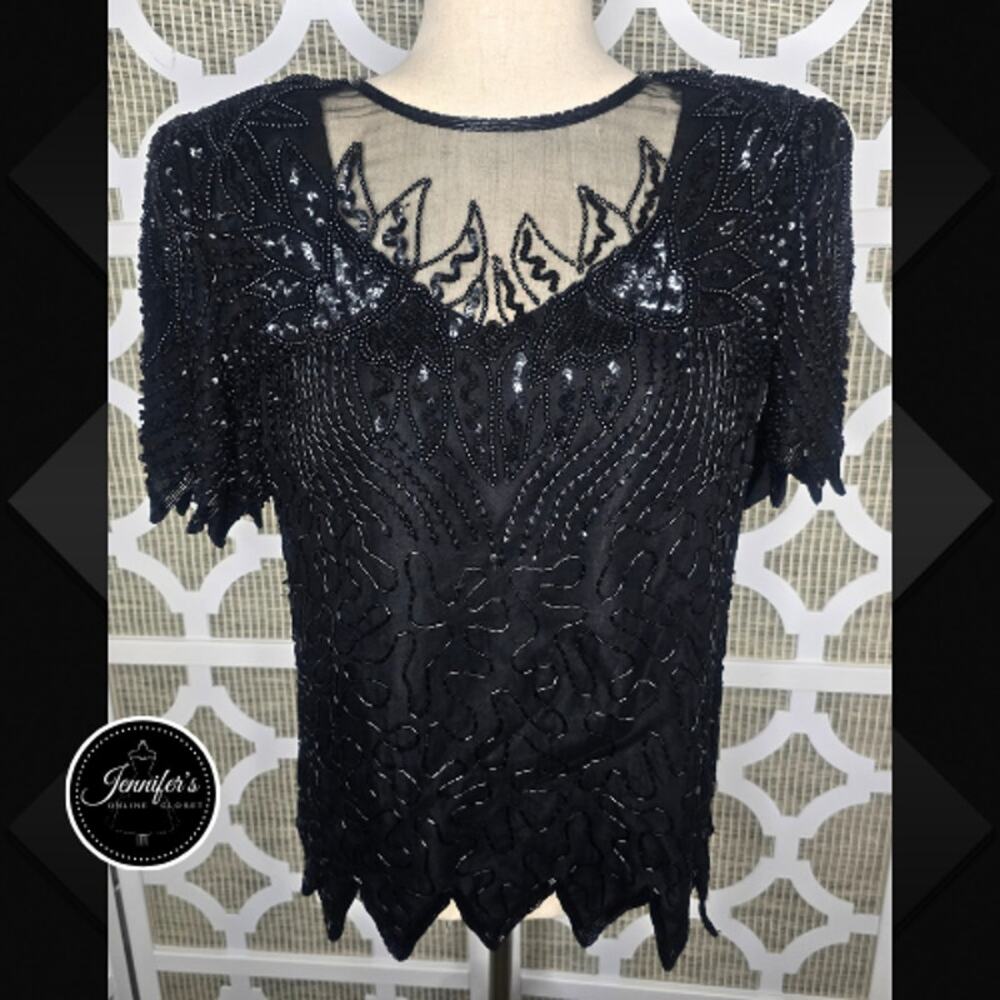 Denise Elle Vintage 80's Black Silk Sequin and Beaded Evening Blouse Size M